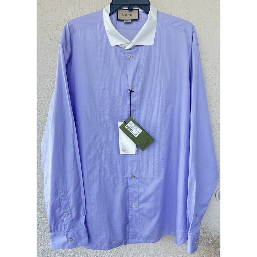 NWT Gucci Lavender Tuxedo Shirt White Collar Pleated Bib Made In Italy Size 18